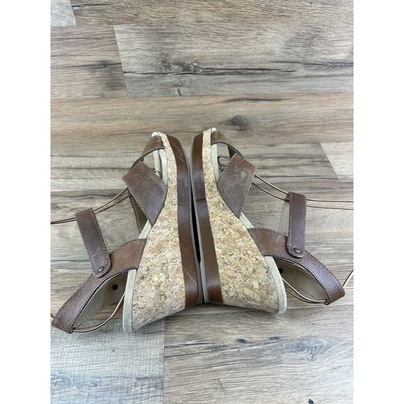 LL Bean Wedge Sandals Women's Size 8 M Brown Leather Ankle Strap Cork Sh… - Picture 3 of 9